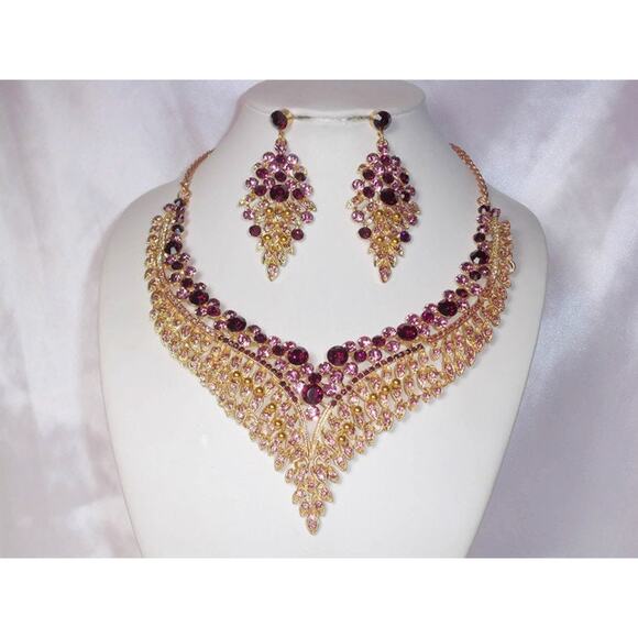 Purple necklace set, purple rhinestone set statement bridal wedding necklace, - Picture 4 of 7
